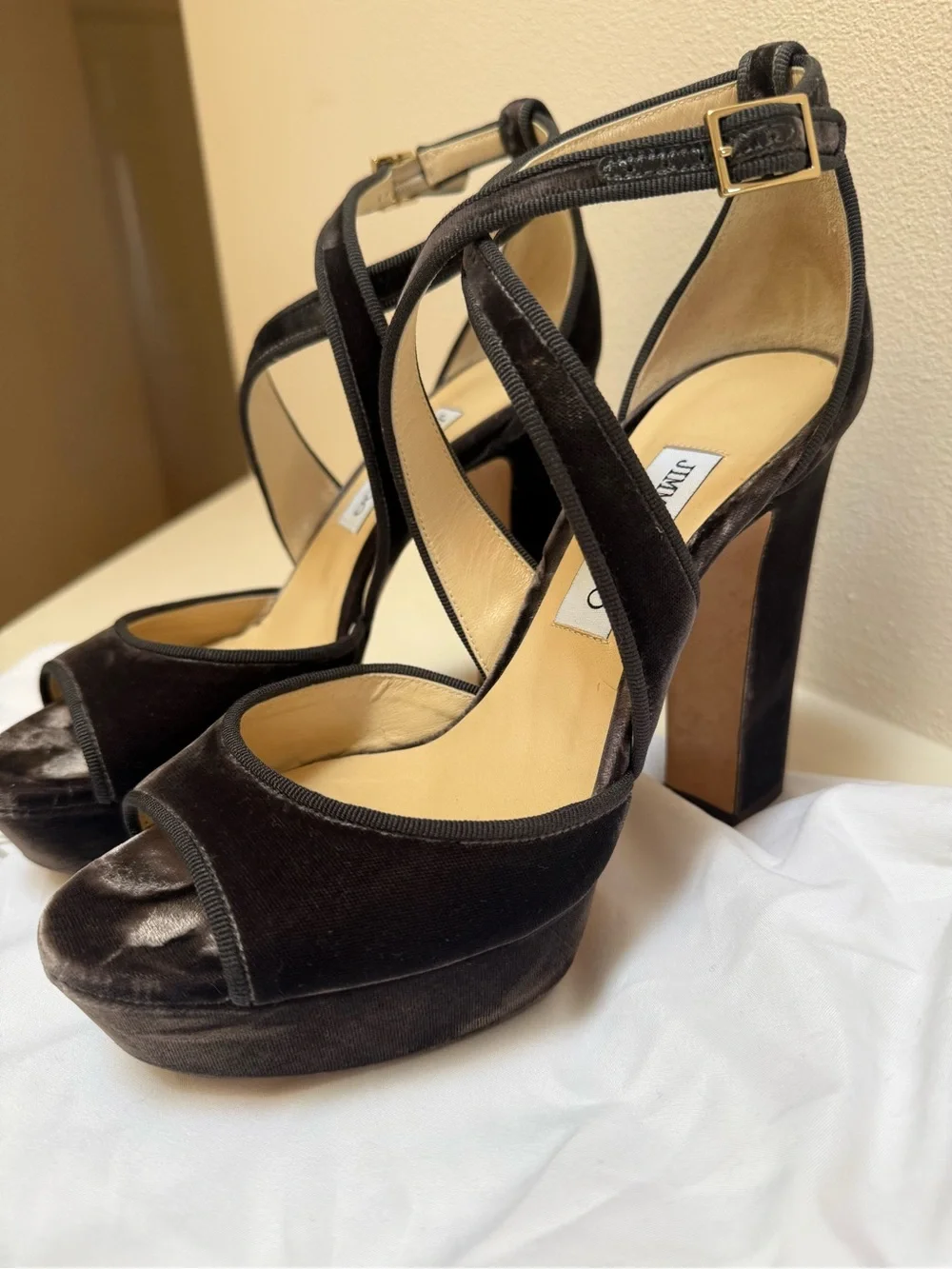 Jimmy Choo Black Velvet Platform Sandals with Crisscross Straps